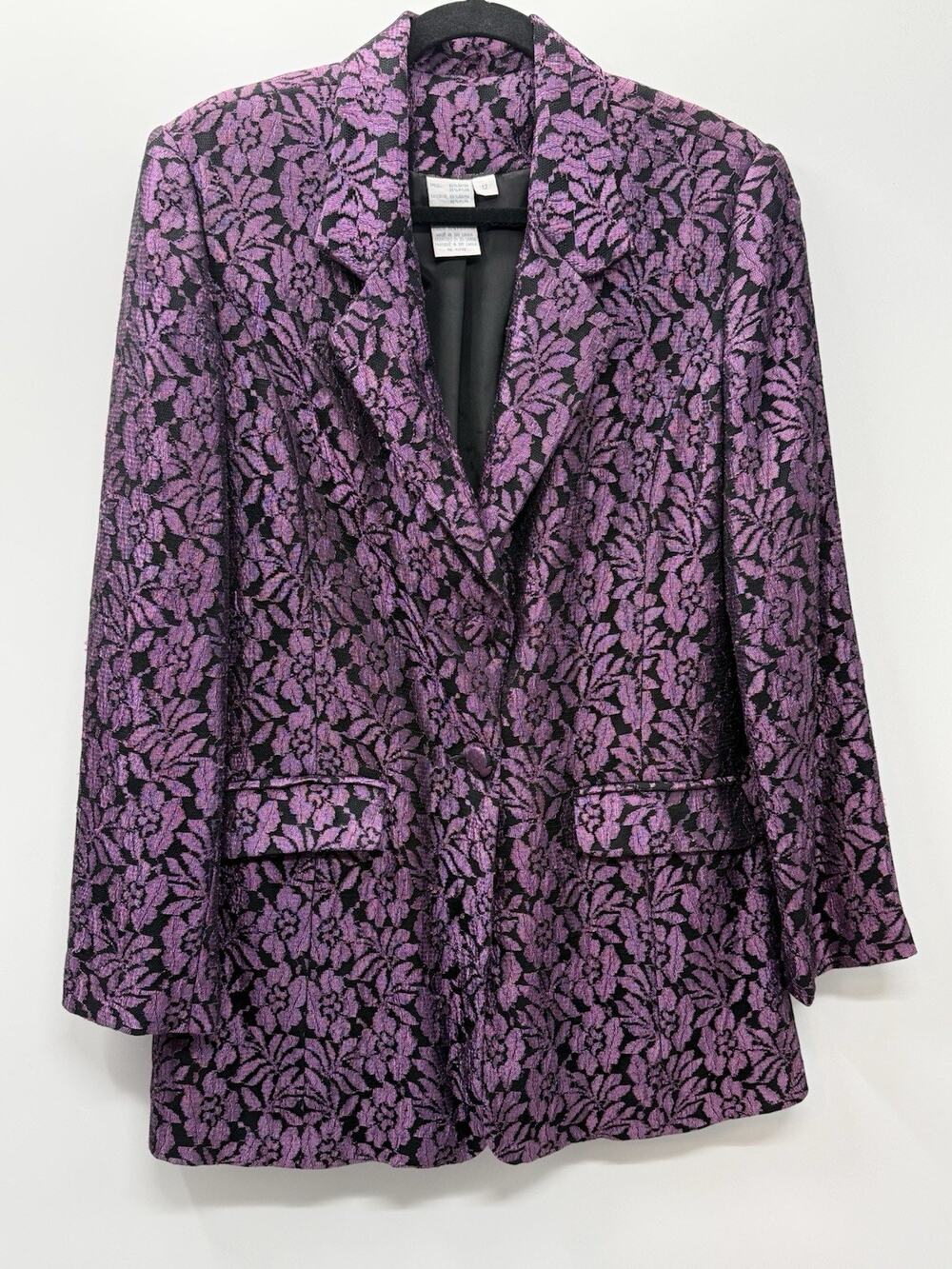 QPS Size 12 Purple Black Floral Brocade Blazer Jacket Pockets Lined Statement